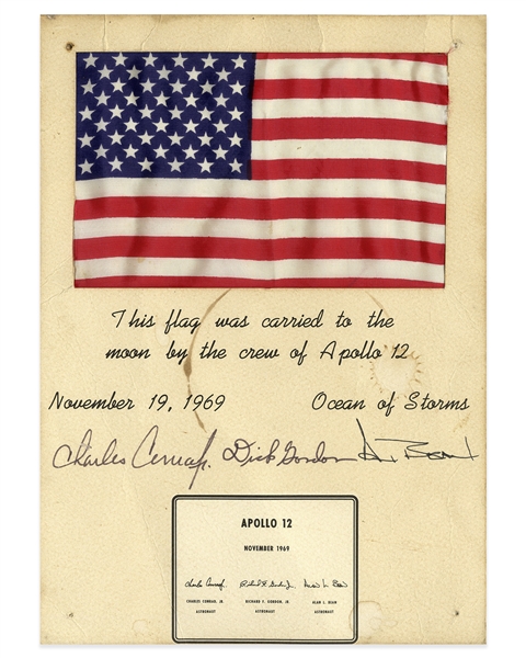 United States Flag Flown to the Moon on the Apollo 12 Mission -- With Certificate Signed by the Crew: Charles Conrad, Dick Gordon & Alan Bean